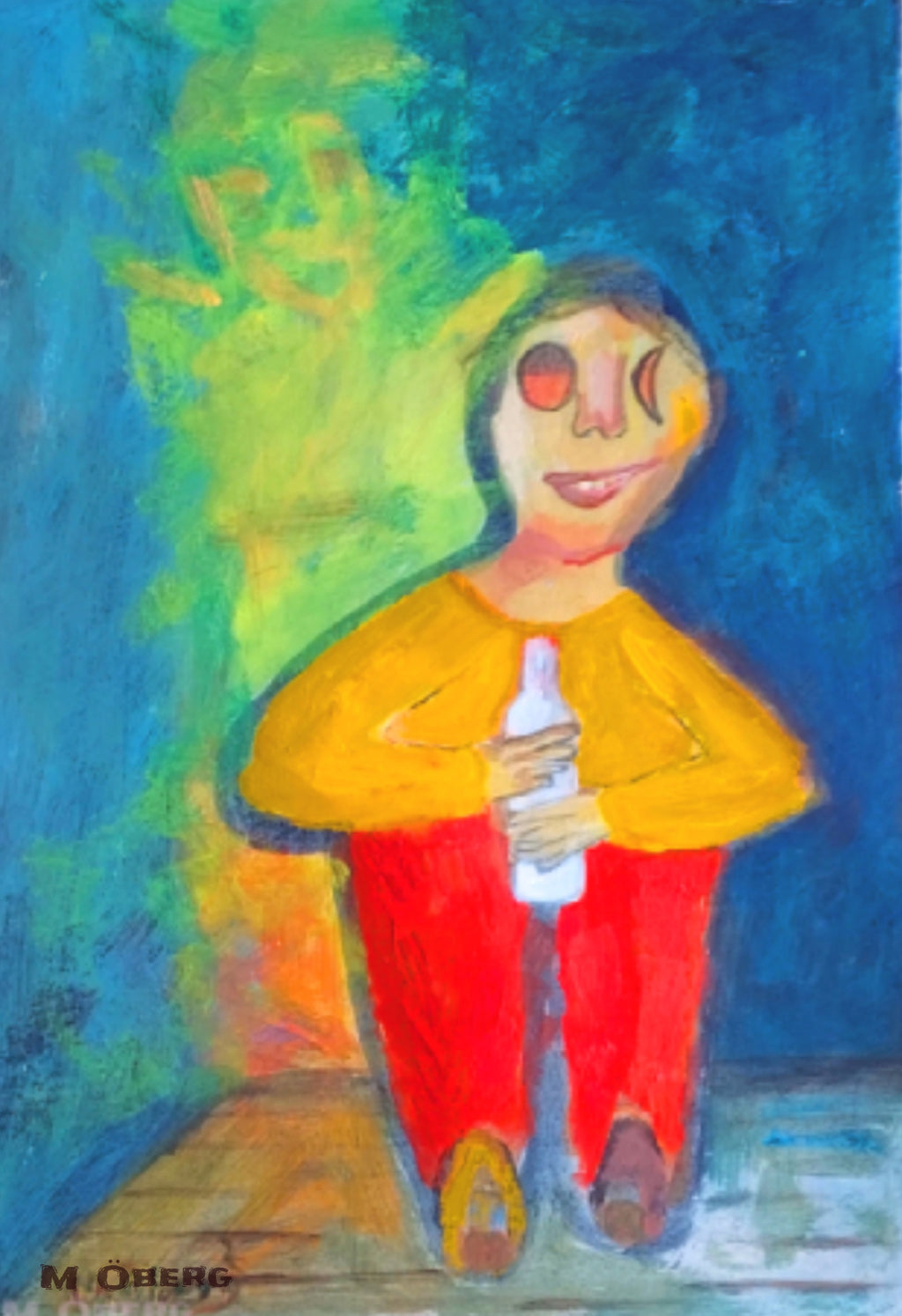 Colorful abstract painting of a figure holding a bottle against a blue background