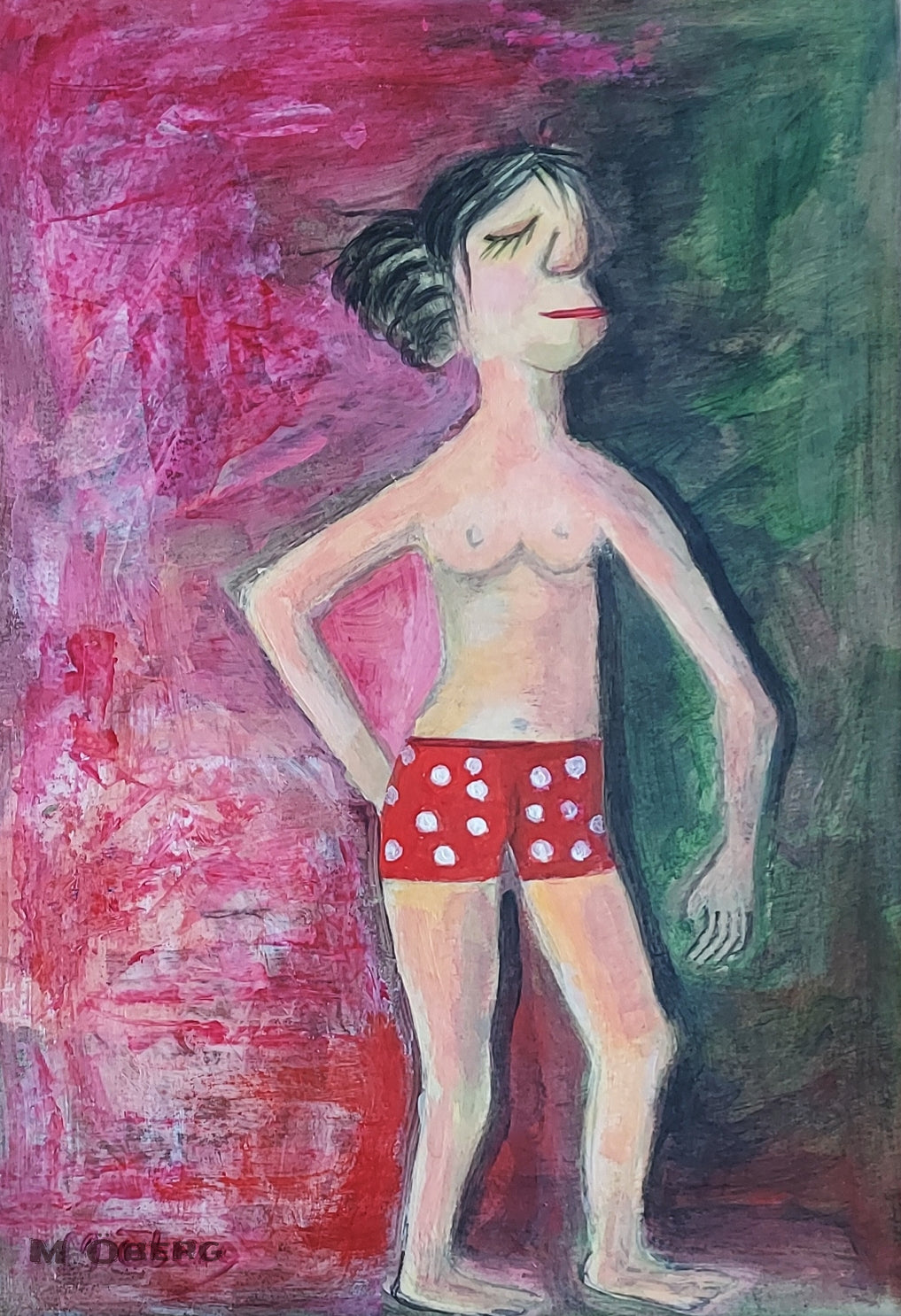 Artistic depiction of a person wearing red polka dot shorts against a colorful abstract background.