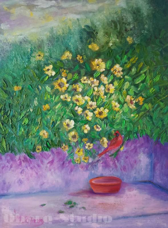 An oil painting featuring a vibrant red bird perched on a plant branch with lush green bushes in the background. There is also a red bowl on a surface partially visible at the bottom of the image.