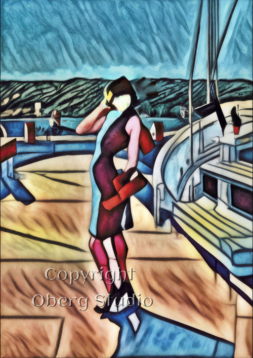 Artistic depiction of a woman on a walk in a colorful, stylized setting of sea in a abstract manner.