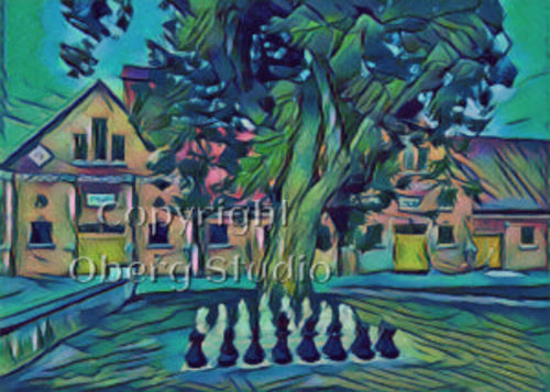 Colorful painting of Taxinge Slott (Manor House) with outdoor chess and their fame for Afternoon Cookie Tea