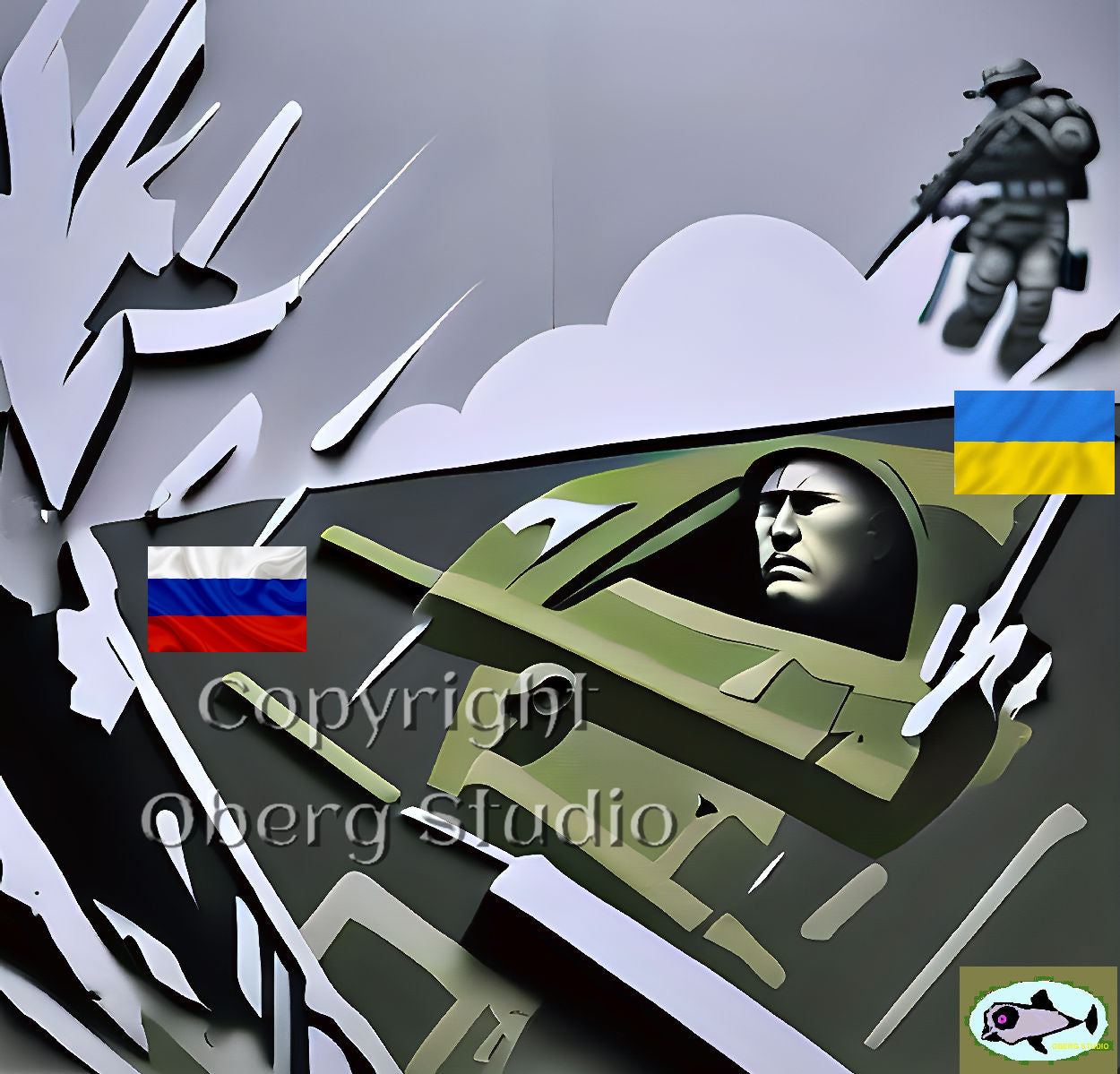 Artistic depiction of a tank with a face, Russian and Ukrainian flags, and a figure with a gun on a gray background.