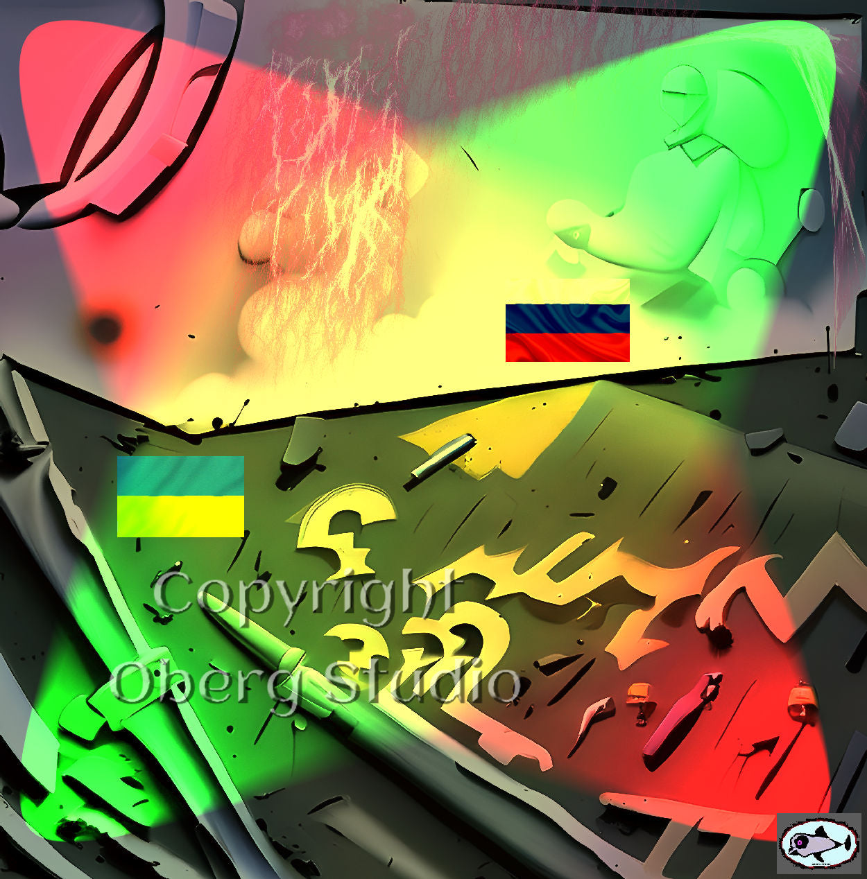 Colorful abstract art with a flag, military elements, not knowing why war.