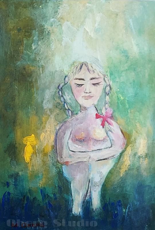 This image features an oil painting titled "ME TOO," which powerfully depicts the emotional struggle of a young girl. The artwork portrays her in a posture of sorrow, sitting against a backdrop of muted green and yellow tones. Inspired from Me Too Movement